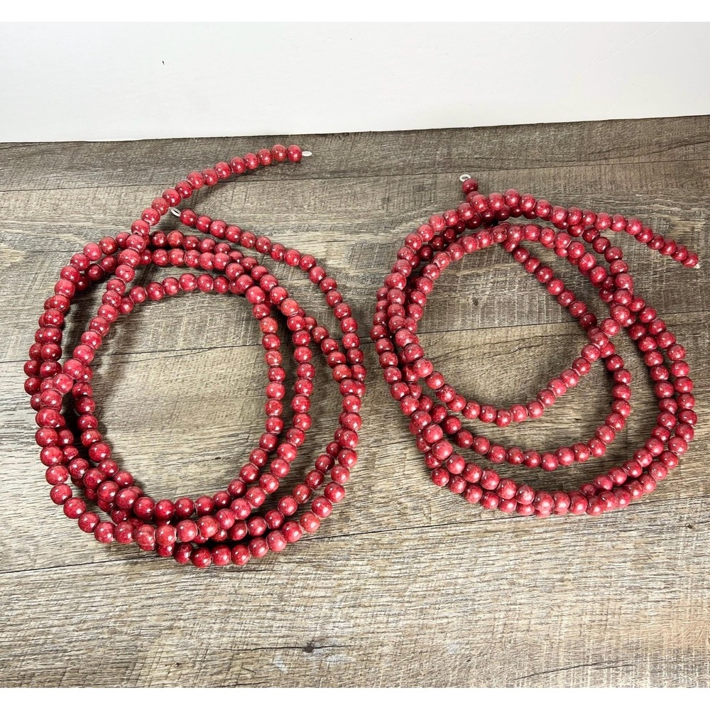 Primitive wooden red bead garland 2 strands 8'9" ea. Christmas country holidays